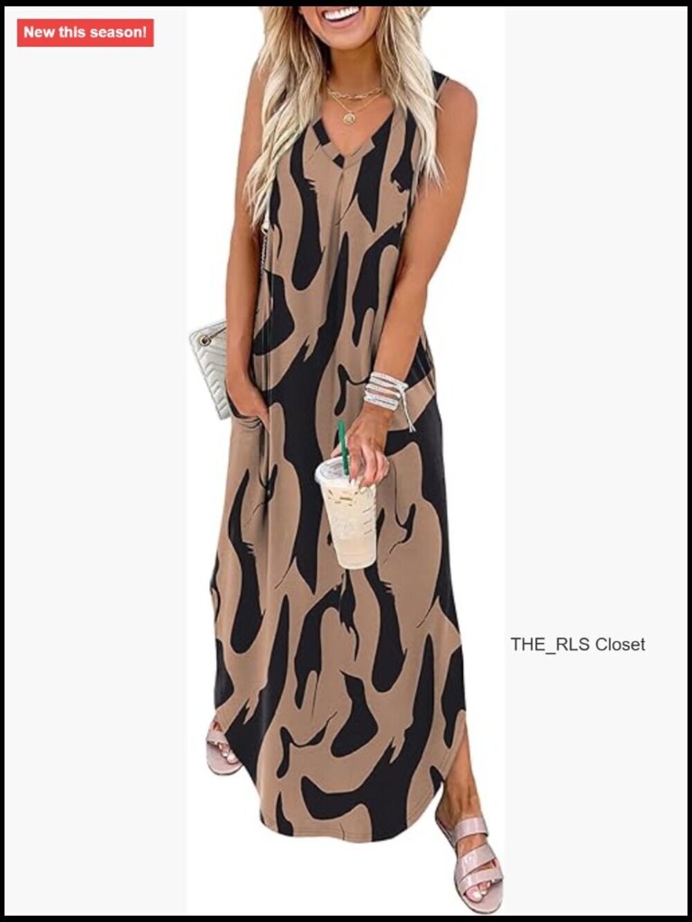 Loose V Neck Sleeveless Maxi Dress with Pockets Side Slit Casual Beach